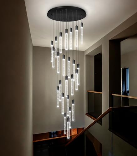 13 Foot High Ceiling Chandelier for Entryway Modern Crystal Lights for Living Room Foyer Flush Mount Sloping Ceiling Pendant Light Fixture Remote Dimmable 24 (24 lights / Black)