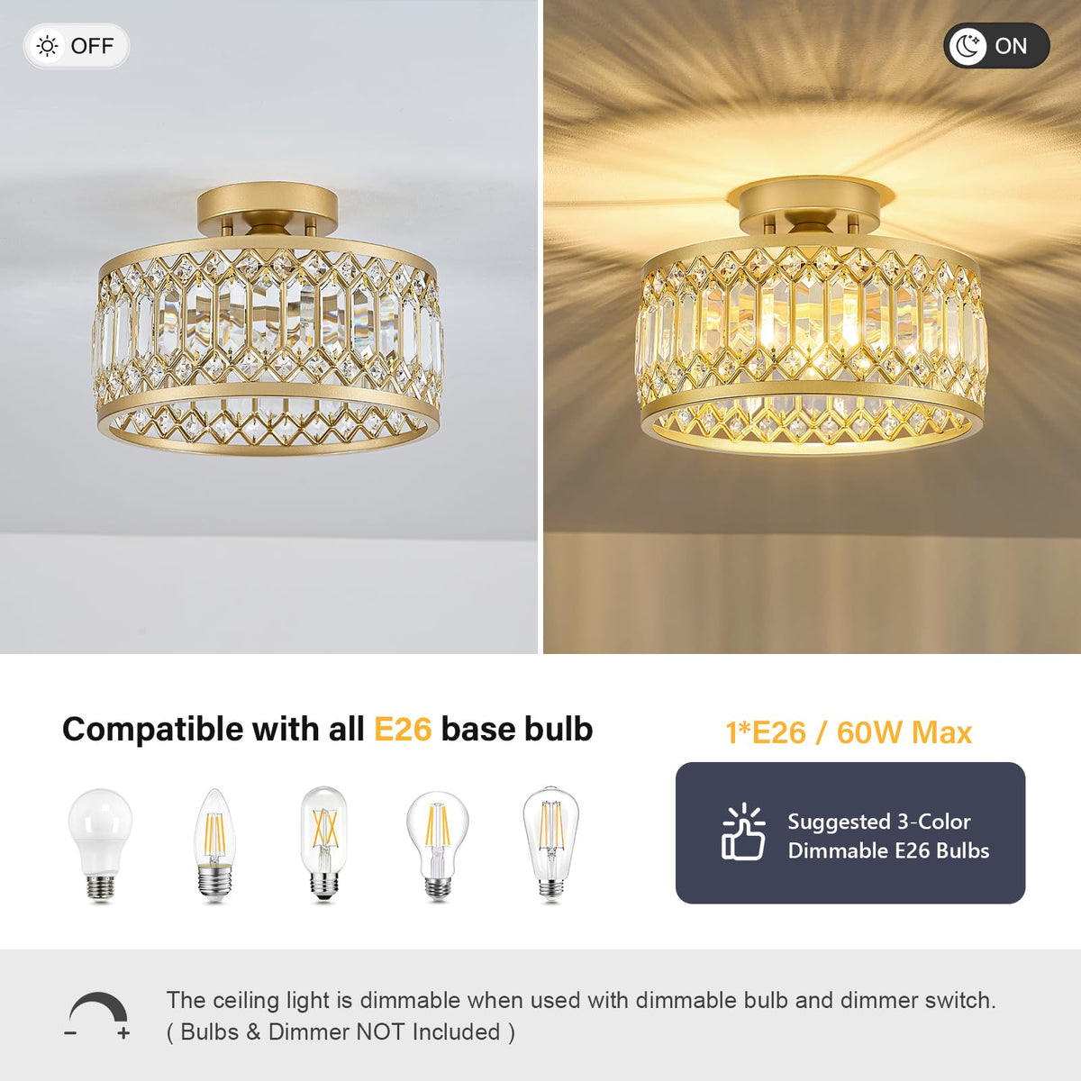 Crystal Gold Ceiling Light (Gold / 11 Inch)