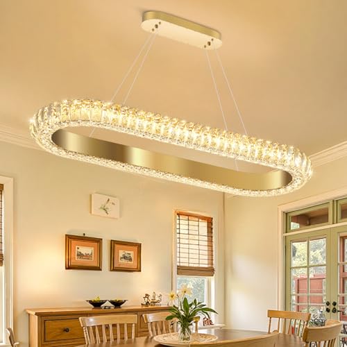 32'' Oval Ring Crystal Chandelier Modern LED Dimmable Ring Pendant Light Chandelier for Dining Room Living Room Gold (Gold / 1 Ring Oval 32")