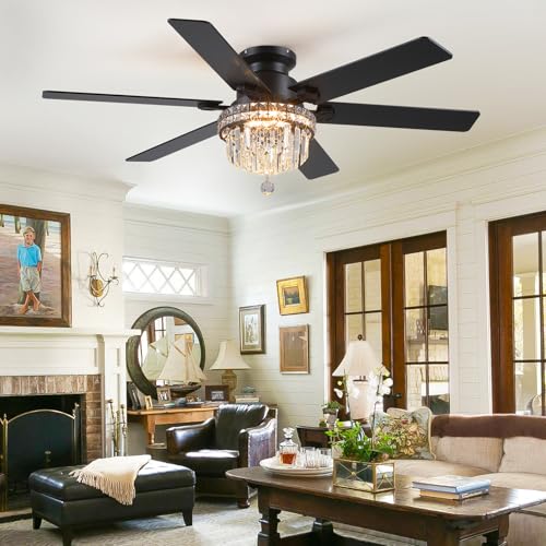52" Low Profile Crystal Ceiling Fans with LED Lights and Remote (Black-52IN-8341)
