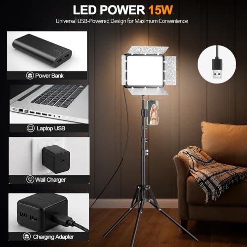 2 Pack 15W LED Video Light Kit with Phone Holder & Barndoor (15W / 29-73inch)