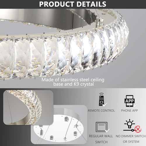 31.5" 1 Ring Crystal Chandelier Modern LED Dimmable Ring Pendant Light Chandelier for Dining Room Living Room Silver (Silver / 1 Ring Round 32")