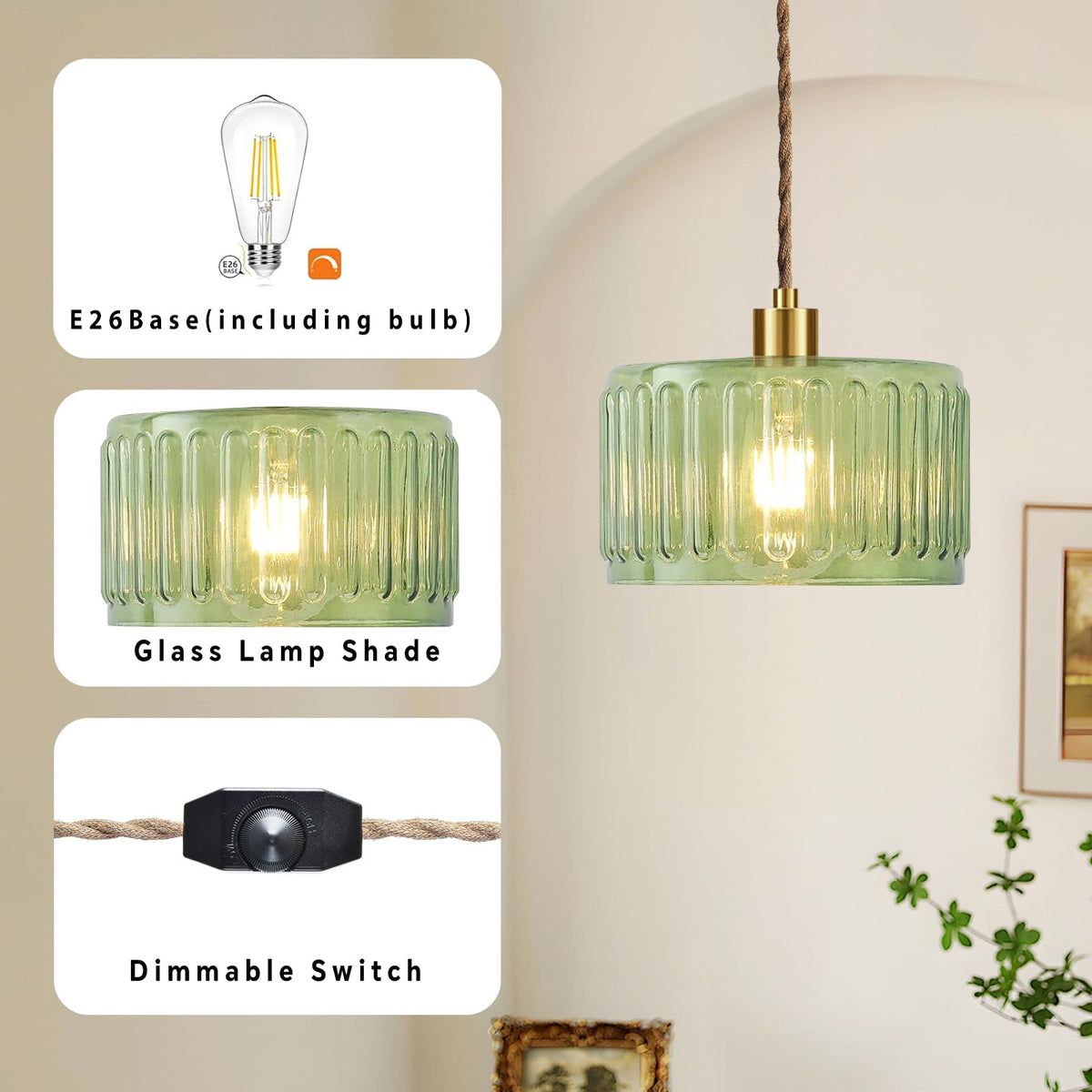 Plug in Pendant Light Hanging Lights with Plug in Cord Boho Hanging Lamp Glass Gold Mid Century Modern Vintage Dimmable Green Flower Plug in Chandelier Ceiling Fixture for Living Room (Pendant Light-15)
