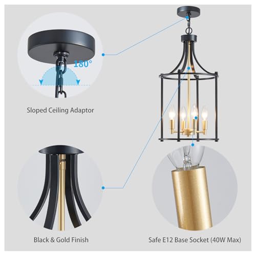 11.8" Lantern Pendant Light Modern Geometric Hanging Chandelier Black and Gold 4 Lights Adjustable Height Cage Pendant Lighting Fixture for Kitchen Entryway Hallway Foyer (Black Gold)