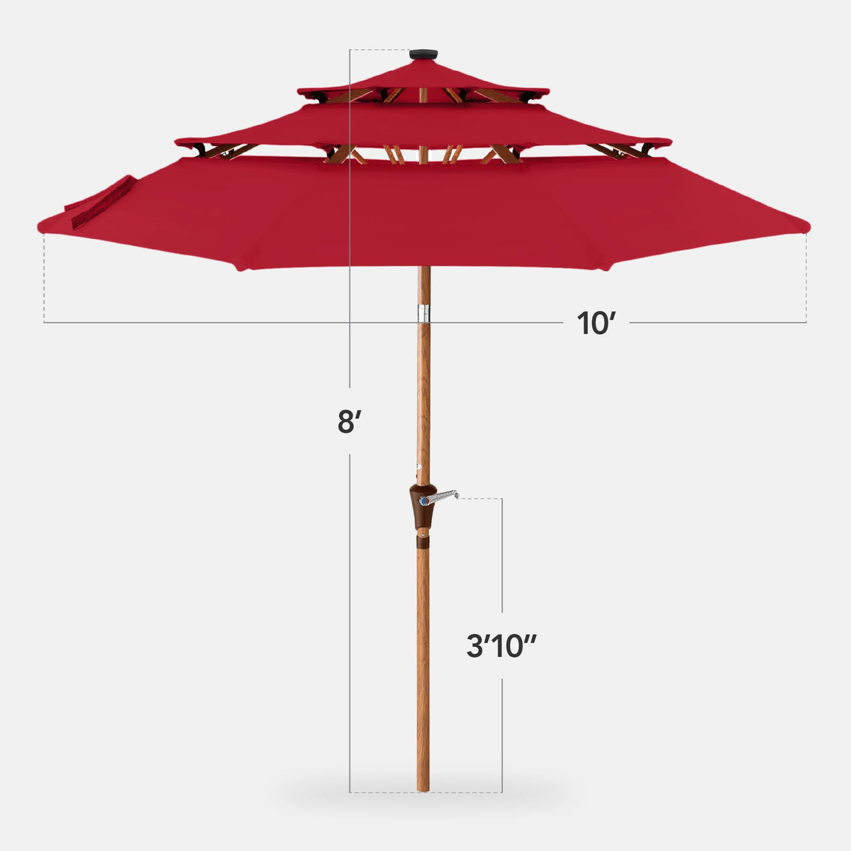10ft 3 Tier Solar Patio Market Umbrella (10ft Woodgrain Finish / Red)