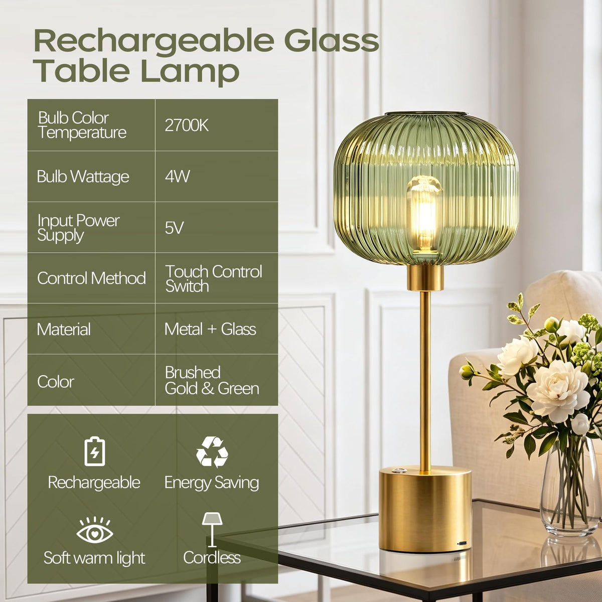 Rechargeable Cordless Glass Table Lamp for Living Room (Brushed gold & green 2)