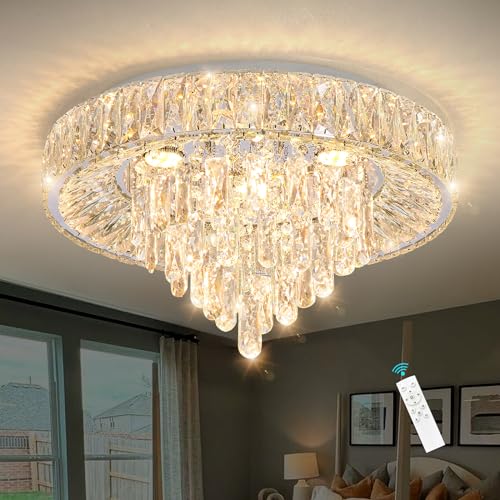 Modern Crystal Chandeliers for Dining Room LED Light Fixture Close to Ceiling Chandelier Flush Mount Ceiling Light Dimmable Lamp with Remote for Living Room Bedroom Hallway 2700K 6000K (Silver / 19.7" Width)