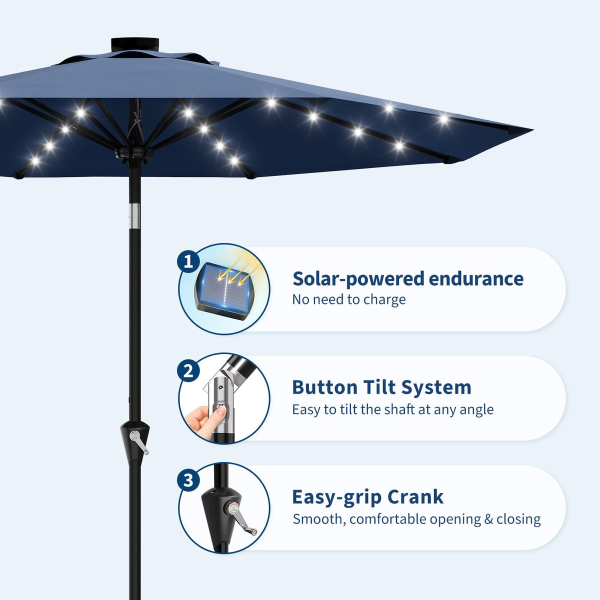 9FT Solar Patio Umbrella Outdoor Umbrella with 32 LED Lights (Navy Blue / 9ft With Lights)