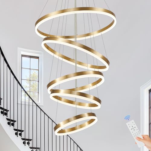 Modern LED Chandelier for Foyer Dimmable Gold High Ceiling Chandeliers Foyer with Remote Control for Entryway Dining Room Living Room Staircase (Gold / 5 Rings 23.6in)