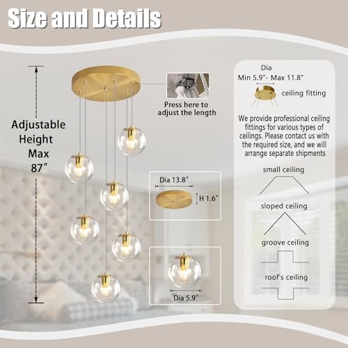 6 Light LED Staircase Modern Glass Globe Pendant Light Gold Chandeliers Large Chandeliers for High Ceilings (Gold-Clear / Globe 6-Light)