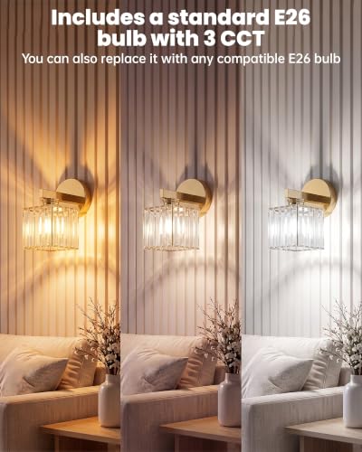Hardwired Wall Sconces Set of Two with Crystal Lampshade (Gold-A)