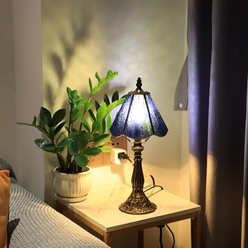 Small Tiffany Style Table Lamp Amber Stained Glass Lamp 14 Inch (Dark Green Rippled)