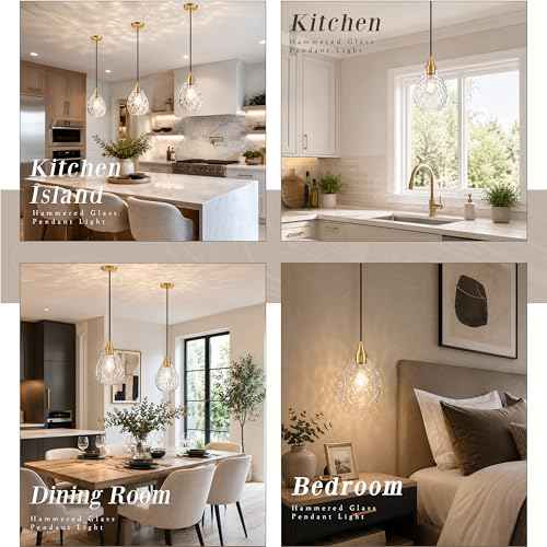 Gold Glass Pendant Lights Kitchen Island 8" Pendant Light Fixtures Hammered Clear Glass Height Adjustable Modern Hanging Pendant Lights for Dining Room Bedroom Hallway Sink Bulb Incl (Gold, 1 PK / 8 Inch)