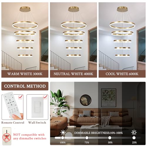 Modern LED Chandelier for Foyer Dimmable Gold High Ceiling Chandeliers Foyer with Remote Control for Entryway Dining Room Living Room Staircase (Gold / 5 Rings 23.6in)
