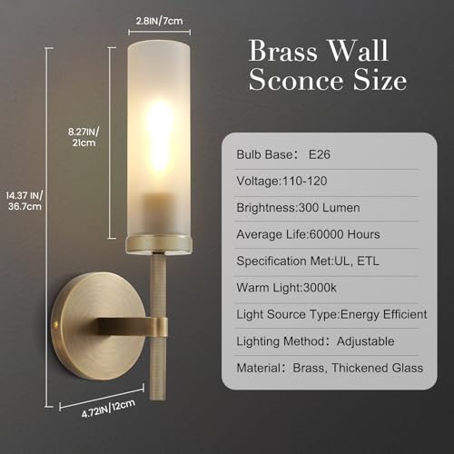 15" Hardwired Frosted Glass Bathroom Wall Sconces (15-In-Brass-1PC)