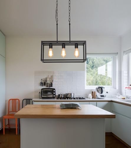 3 Light Black Linear Chandelier Modern Rectangle Farmhouse Dining Room Light Fixture for Kitchen Island Bar UL Listed (3-Lights)