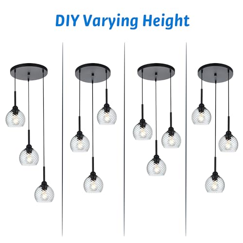 3 Light Black Cluster Pendant Light with Striped Swirl Globe Glass Pendant Lighting for Kitchen Island (Transparent / 3-Light-Round Cluster)