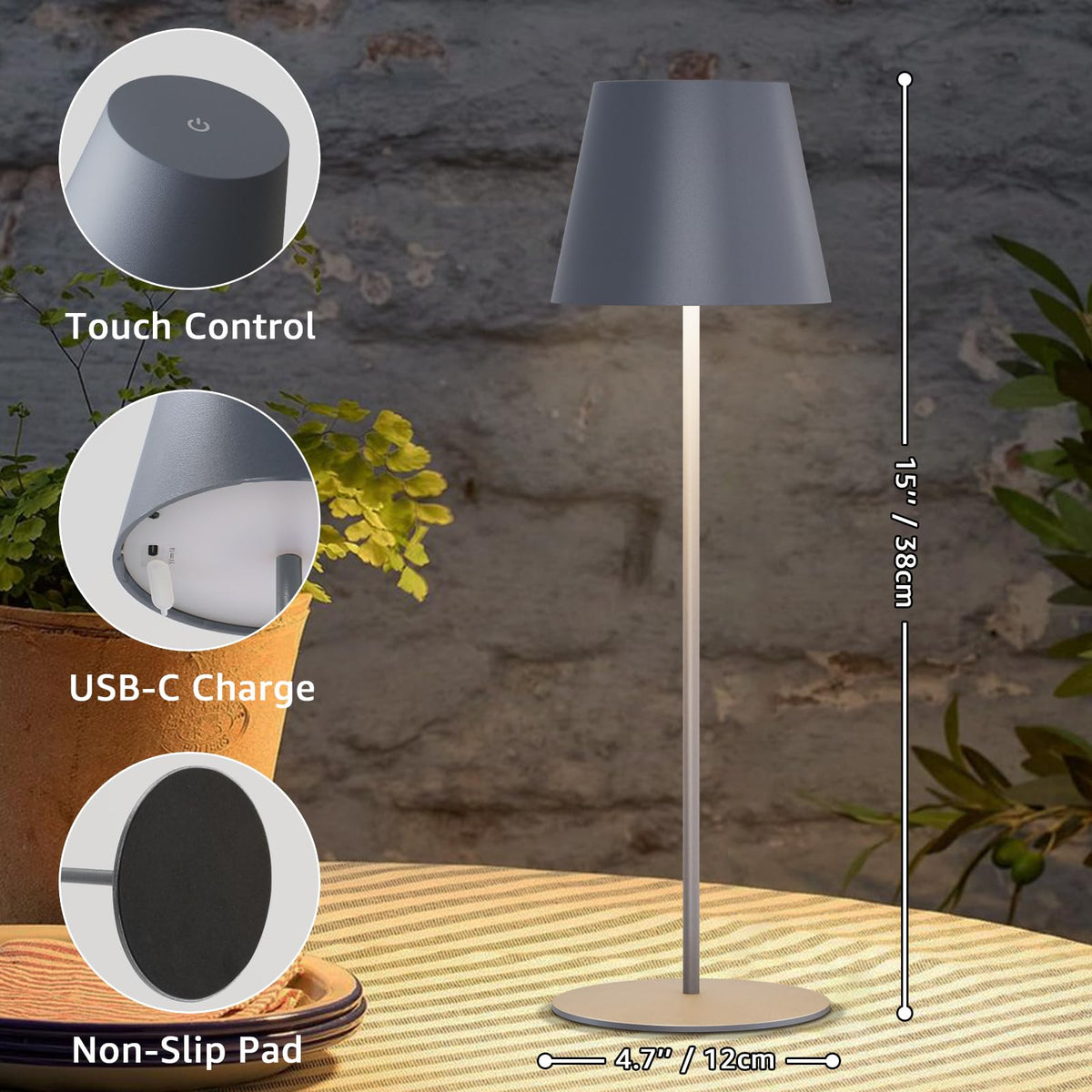 2 Pack Cordless Table Lamp Rechargeable 5000mAH Battery Operated Lights Touch Control LED Portable Desk Lamps 3 Color Dimming for Outdoor Coffee Bedroom Kitchen (2PCS Grey)
