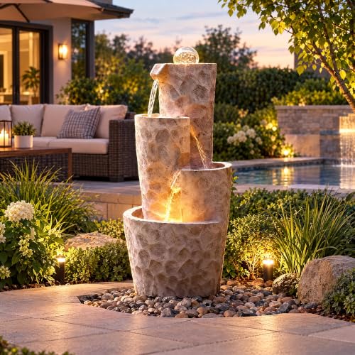 4 Tier Outdoor Water Fountain LED Crystal Ball Cascading Waterfall (White Cream 28"h)