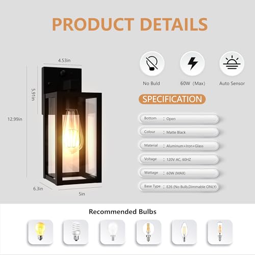 Motion Sensor Dawn to Dusk Outdoor Sensor Light Fixture Waterproof Porch Lights Anti (13 Inch)