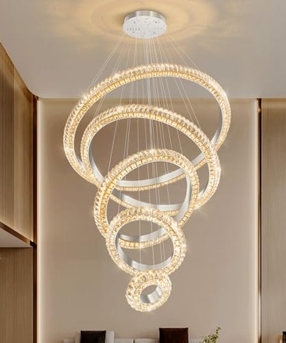 5 Ring Large Crystal Chandelier Modern LED Dimmable High Ceiling Chandelier Ring Contemporary Pendant Light Fixture for Living Room Foyer Staircase Gold D40'' (Silver / 5 Ring Round 40")