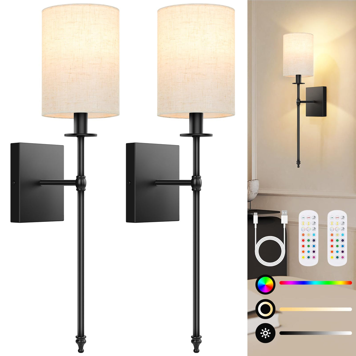 24 inch Battery Operated Wall Sconce Set of 2 (24.8 inch / Flax and Black)