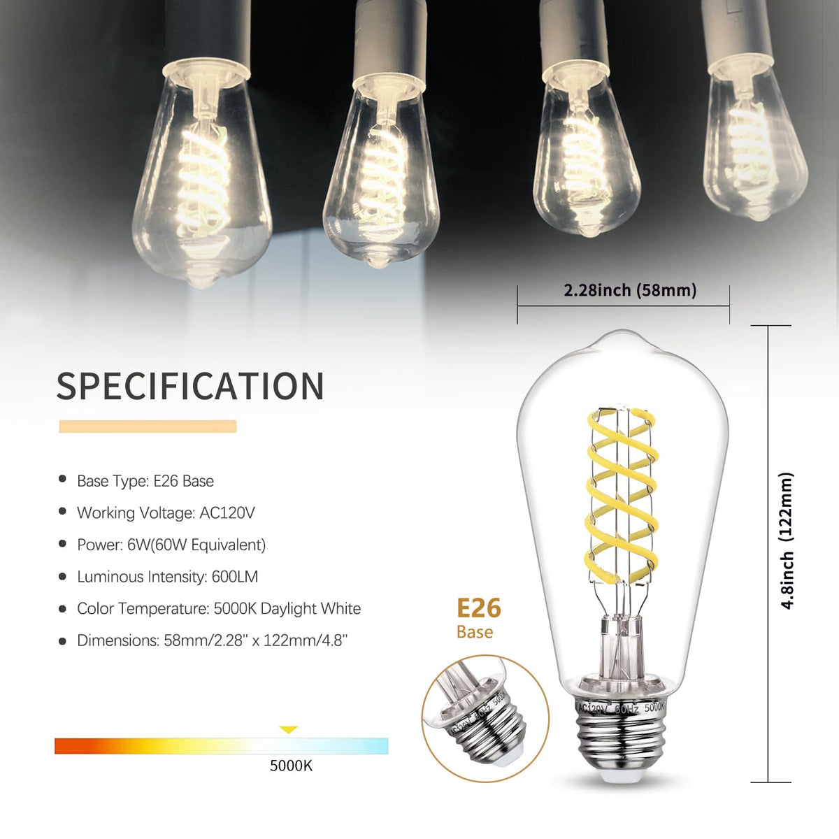 12 PCS ST58 Dimmable Spiral Vintage E26 LED Bulb 60 Watt LED Edison Bulbs (5000k 12pack)