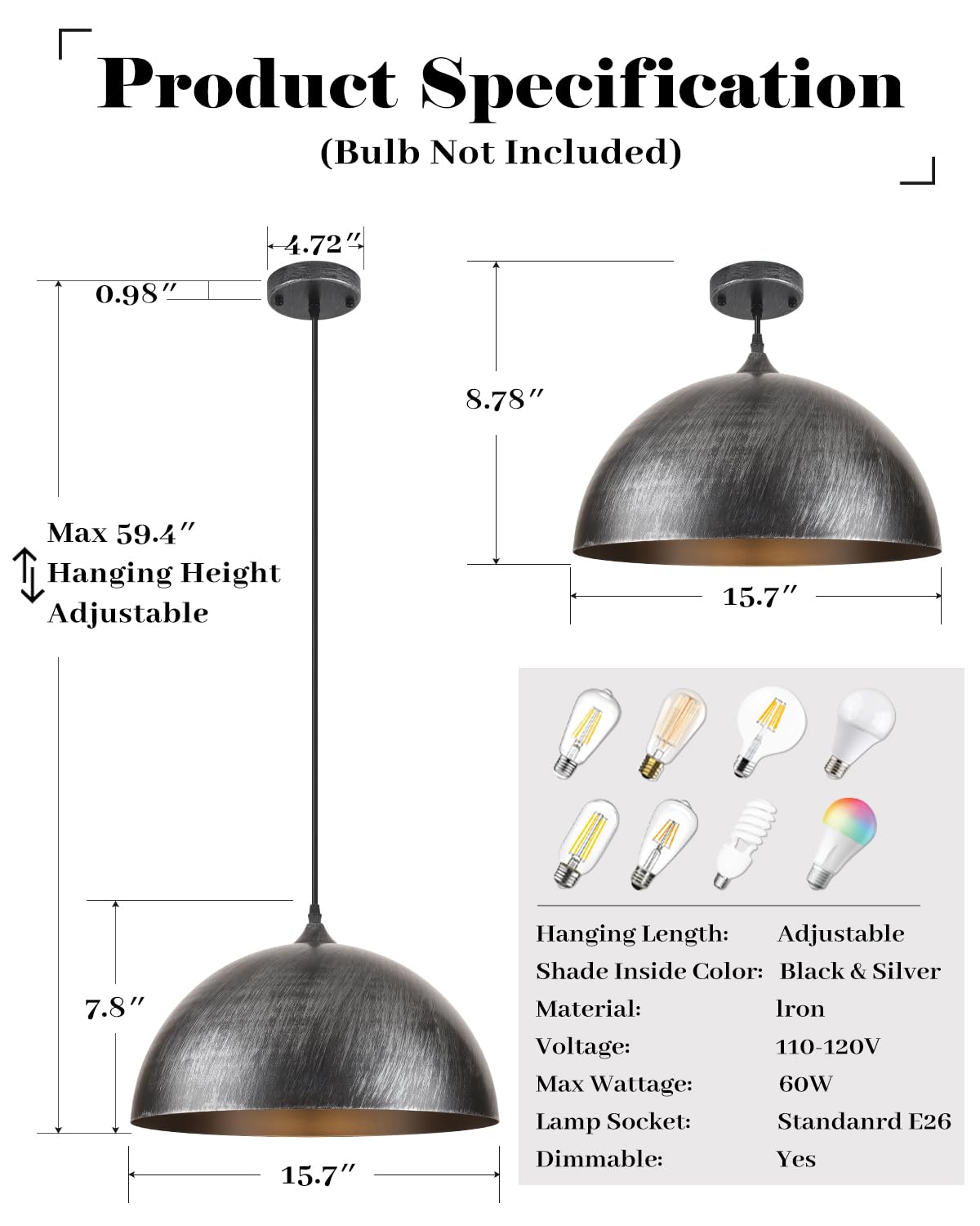 Large Pendant Lights Kitchen Island (Silver+Black / 16"x2)