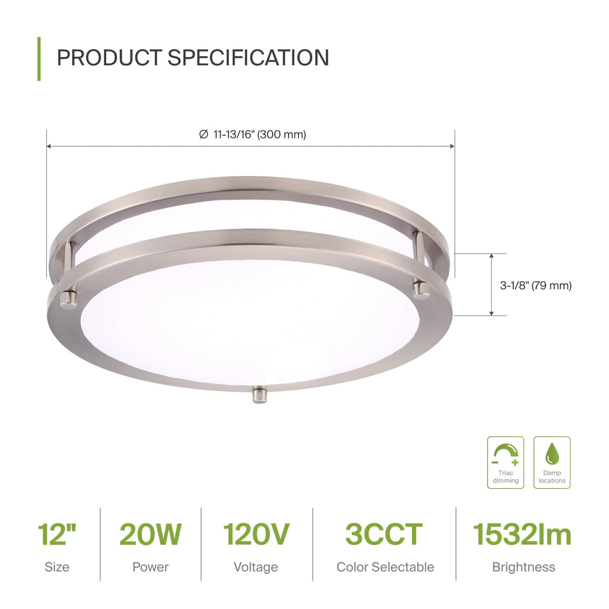 LED 12" Round Flush Mount Lighting (Brushed Nickel)