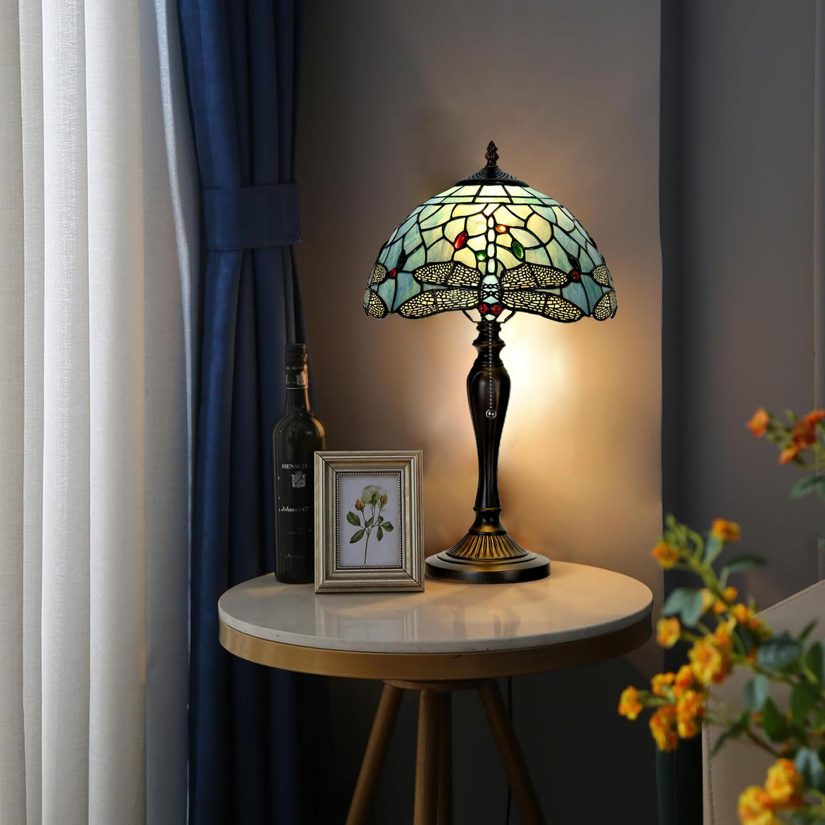 TL0023 Tiffany Style Dragonfly Table Lamp Stained Glass Blue Shade Reading Desk Light 12 X 20 Inches for Bedroom Living Room Home Office (Blue Dragonfly)