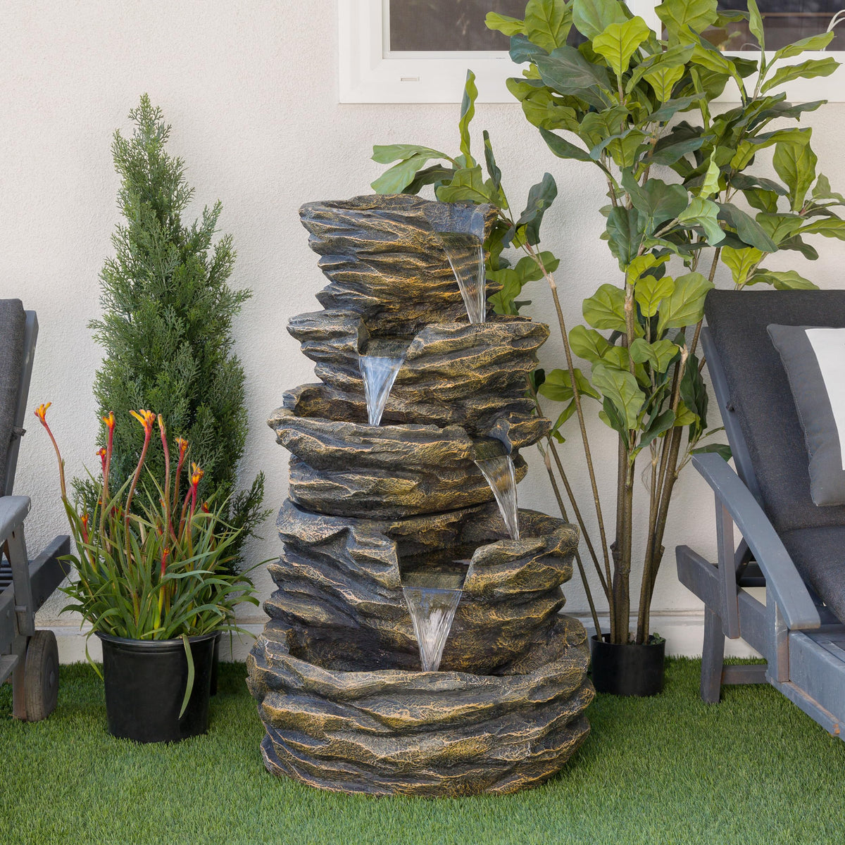 39" Tall Outdoor 5 Tiered Natural Look Rock Water Floor Fountain with Replaceable Lights (Brown - 39" H - 5-tier W/ Warm White Leds)