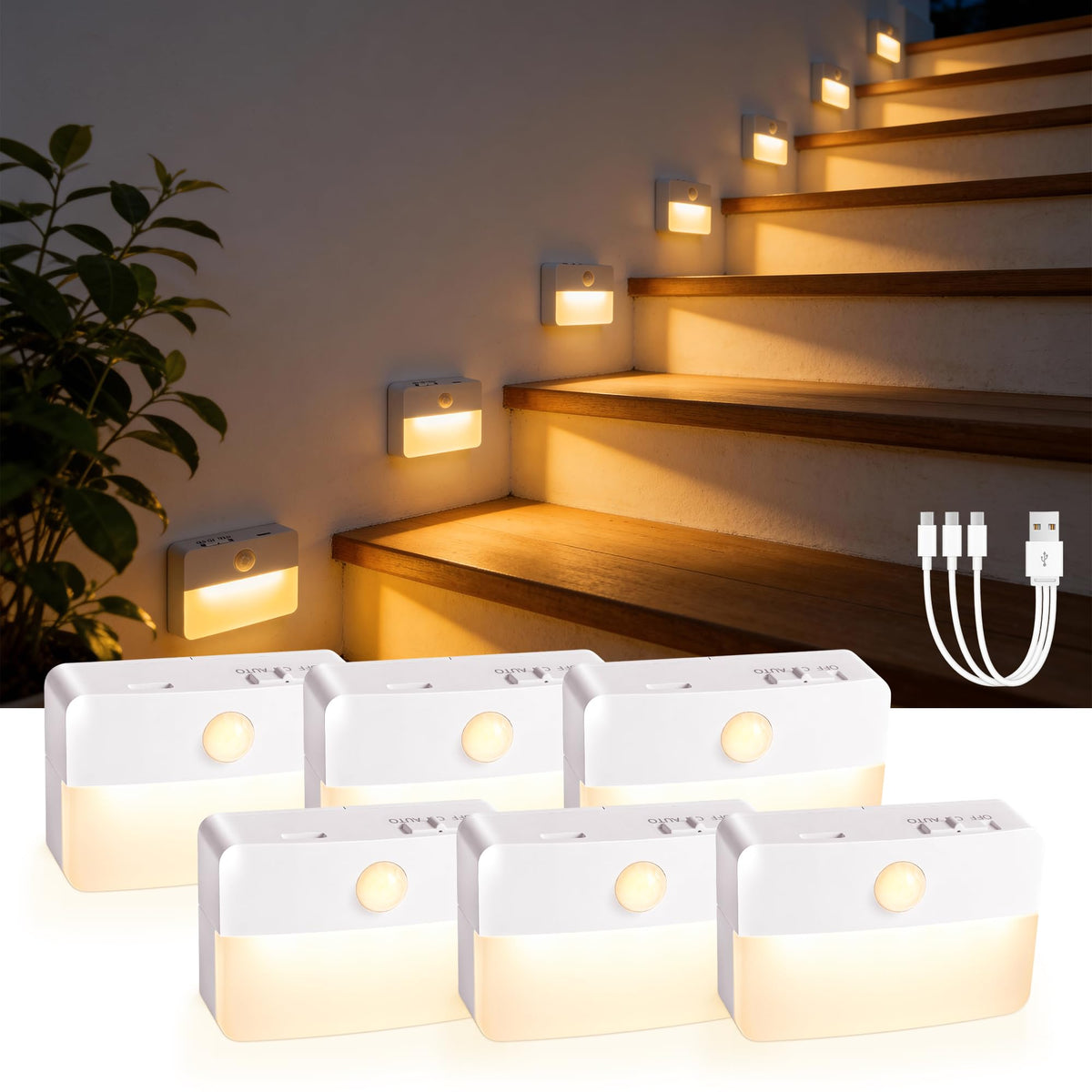 6 Pack Rechargeable Stair Lights Indoor (Warm White)