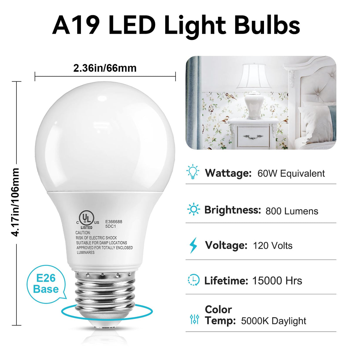 4 Pack LED Light Bulbs 60 Watt Equivalent (5000k Daylight White / 4 Pack)