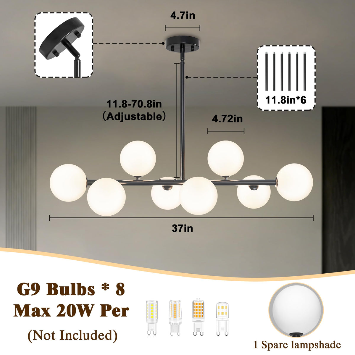 8 Light Linear Chandelier Modern Sputnik Dining Room Light Fixture (Black and White / 8 Light)