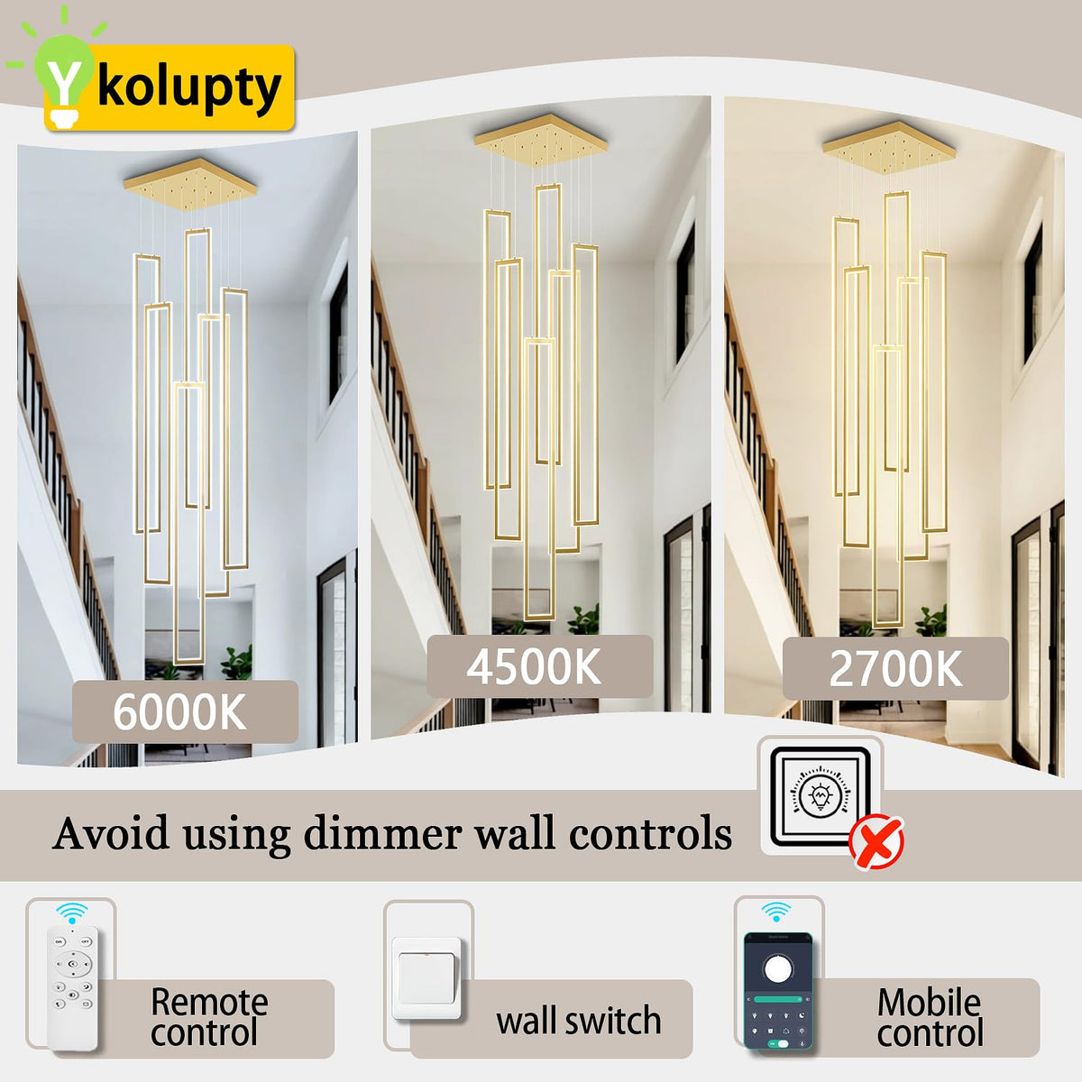 Modern Chandeliers for Entryway High Ceiling Large Rectangle Chandelier LED Dimming Gold Contemporary Chandelier for Staircase Foyer 2700k (Gold 6- Light / H59"xW 8" Highest 218")