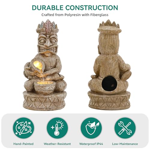 23" H Tiki Statue Outdoor Water Fountain with LED Lights (Tiki Natural Wood Color)