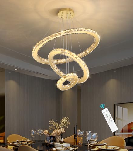 Modern Crystal Chandelier Dimmable LED Ceiling Light Fixture 3 Ring Adjustable Stainless Steel Chandeliers for Dining Room Living Room Bedroom Gold (Gold / 3-Ring 24")