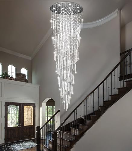 D32'' x H100'' Modern Crystal Chandelier High Ceiling Chandeliers for Entryway Glam Chandelier Large Raindrop Chandeliers LED Dimmable Light Fixtures for Staircaes Foyer Hallway Living Room Silver (D32'' x H100'' Silver)