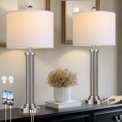28" Tall Modern Table Lamps Set of 2 with USB C+A Ports and AC Outlet (Silver-2 Pack)