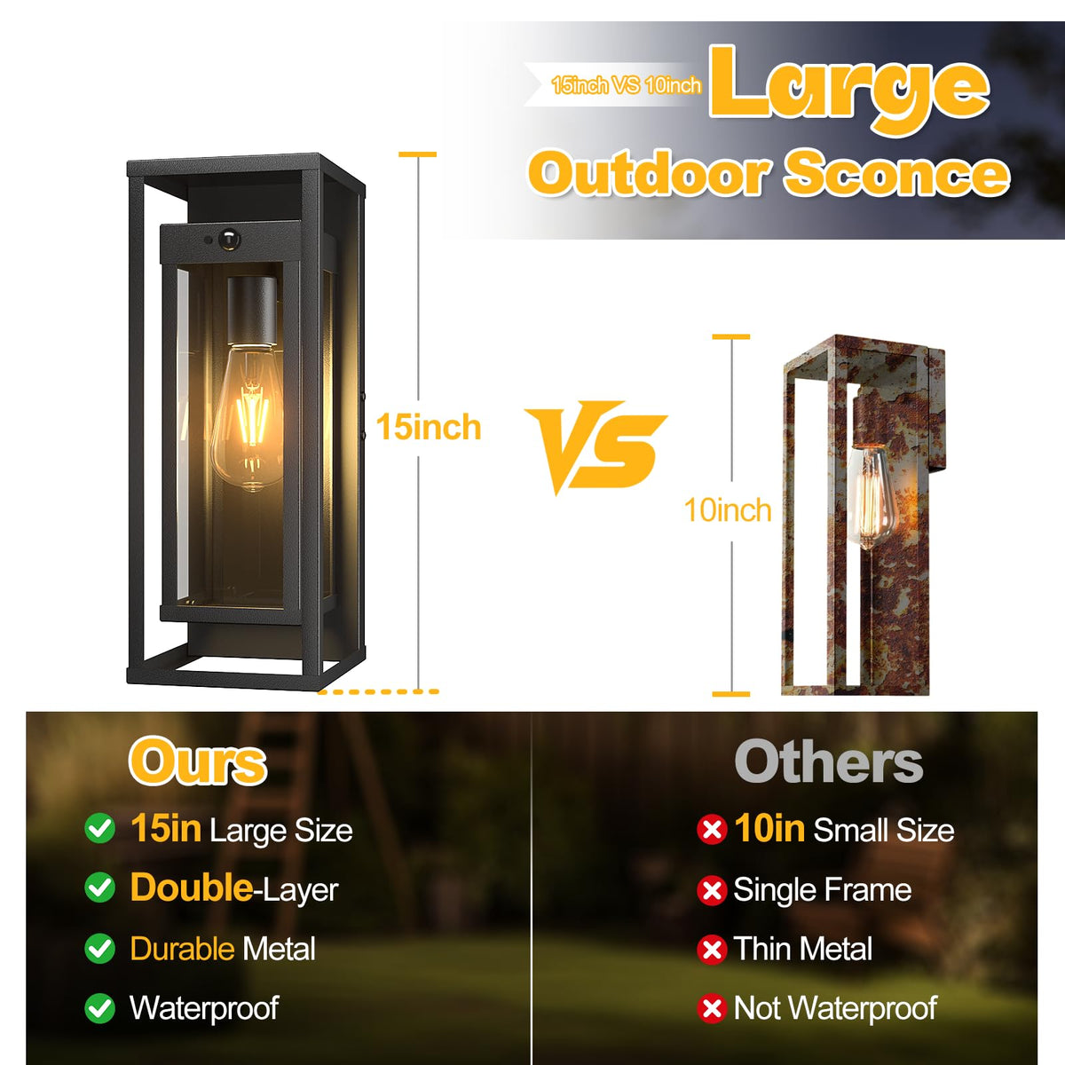 2 Pack Motion Sensor Outdoor Wall Light 15in Large Porch Lights for House (Montion Sensor / 15in)