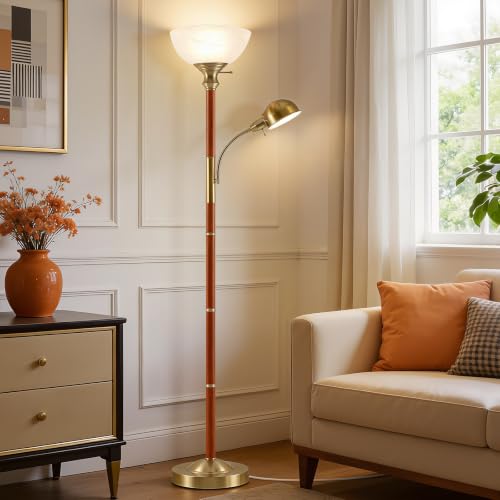 72" Wood Torchiere Floor Lamp with Glass Shade Gold Standing Lamp (Wood Color)