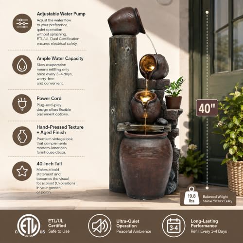 AUTODAYA 40" Overszied Outdoor Water Fountain LED Cascading Waterfall 4