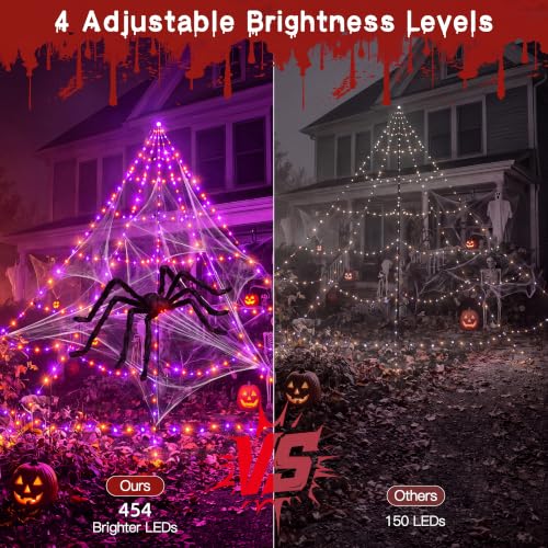 Halloween Sipder Web Lights 454 LED 16.4 FT Tall with Red Eyes Giant Spider (Orange&Purple / 16.4FT)