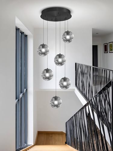 6 Light Globe Glass Pendant Light Modern Smoke Gray Glass Globe Chandelier Large Chandeliers for High Ceilings Entryway Adjustable Hanging Light for Living Room Foyer Hallway (Smoke Grey / Globe 6-Light)