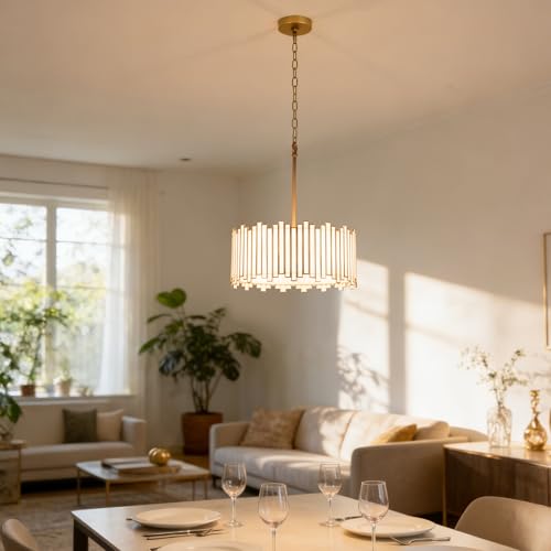 Gold Drum Chandelier 4 (Creme White Glass with Gold Edge)