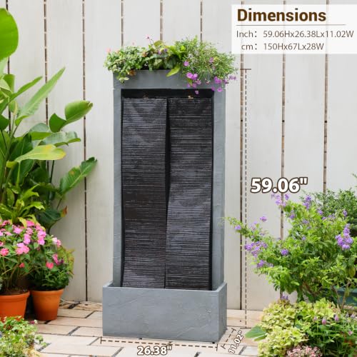59H Modern Outdoor Water Fountain with LED Light Garden Cascading Waterfall Feature for Indoor or Outdoor Large Water Fountain for Relaxing Garden Patio Backyard Deck Porch or Home Décor (59.06H / Gray)