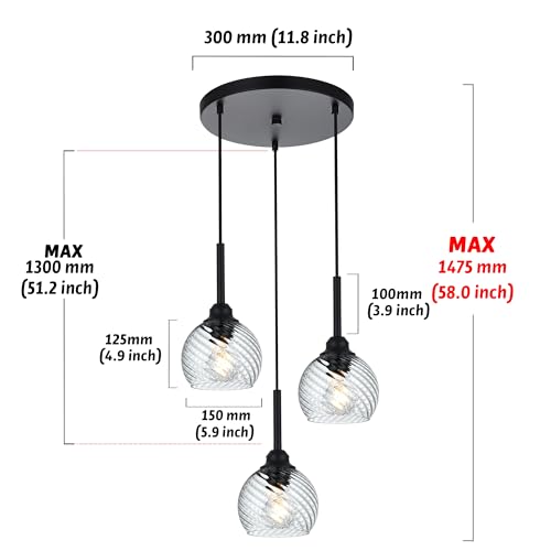 3 Light Black Cluster Pendant Light with Striped Swirl Globe Glass Pendant Lighting for Kitchen Island (Transparent / 3-Light-Round Cluster)