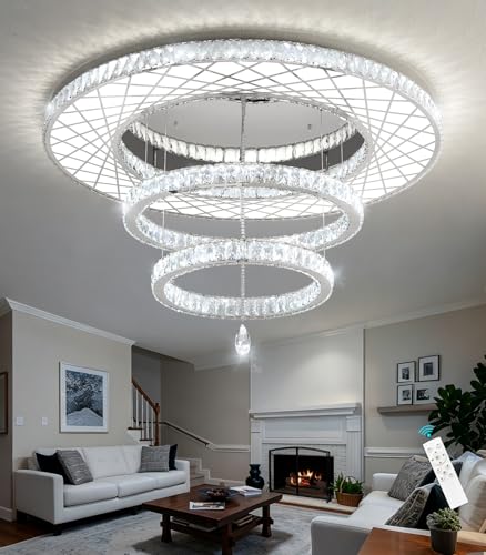 Crystal Glam Chandelier LED Ceiling Light Living Room Lighting Fixtures Remote Dimmable Ceiling Chandeliers Silver 40 Inches Large Light (40 inch / Silver)