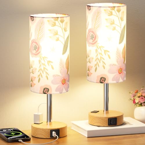 Touch Bedside Table Lamps Set of 2 (Floral Shade Wood Base / 14.0In)
