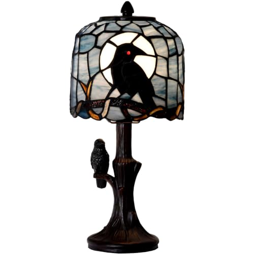 L12029 Tiffany Style Stained Glass Raven Table Lamp (Dark Blue / 6Wx13H Mini)
